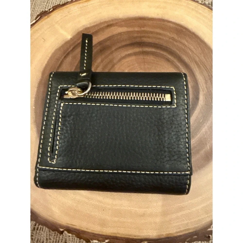 Dooney & Bourke Pebble Grain Leather Flap Zip Wallet BLACK Tri Fold